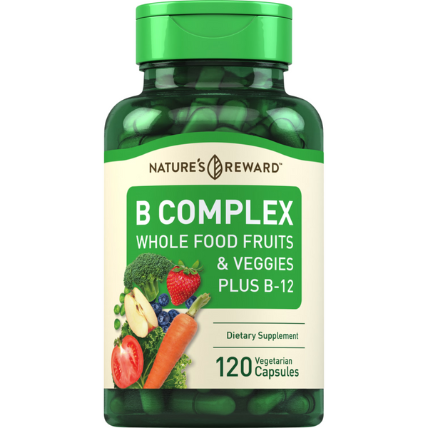 فيتامين ب كومبلكس الأفضل طبيعي 100% من الفواكه والخضراروات 120 كبسولة Nature's Reward Natural B Complex Whole Foods (Best Before 01-12-2026)
