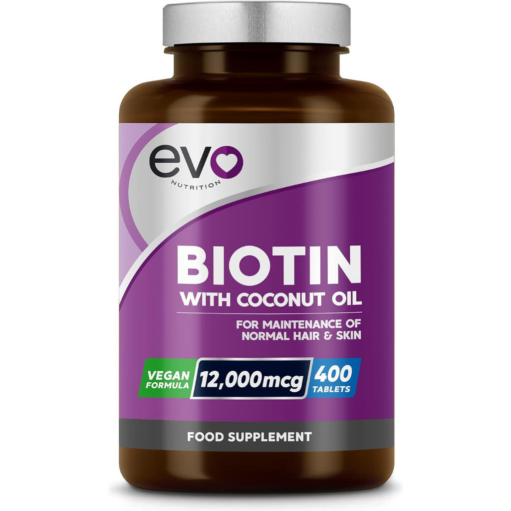 بيوتين فائق 12,000 مكجم (فيتامين ب7 ) مع بزيت جوز الهند 400 كبسولة EVO Nutrition High Strength Biotin (Vitamin B7) with Coconut Oil (Best Before 01-02-2027)