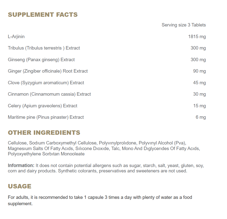 تركيبة الرجال كومبلكس 867 ملغم (ل أرجينين + خلاصات حسك وزنجبيل وجنسنغ آسيوي وكرفس وقرفة وقرنفل ولحاء الصنوبر) 60 قرص (منتج تركي) NUTRAXIN Ultra Men (Best Before 01-02-2028)