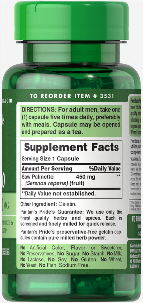 بلميط منشاري سو بالميتو 450 ملغم 100 كبسولة Puritan's Pride Saw Palmetto (Best Before 01-09-2028)