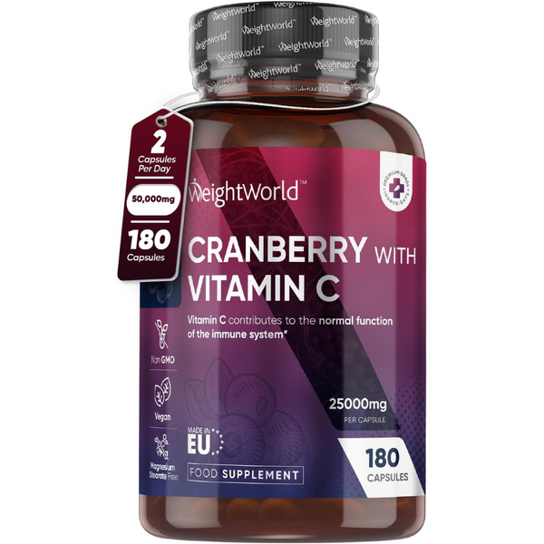 خلاصة توت بري بقوة مضاعفة قصوى تعادل 25000 ملجم مع فيتامين سي 180 كبسولة WeighWord Cranberry Extract with Vitamin C (Best Before 01-10-2026)