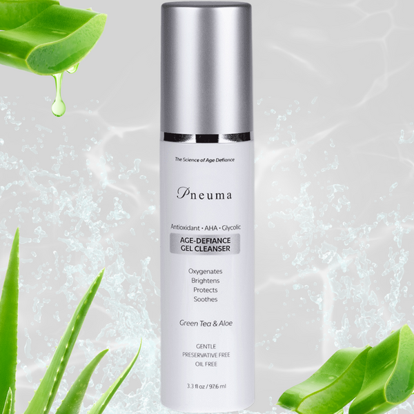 منظف جل مقاومة التقدم بالسن مع مضادات الأكسدة حمض الجليكوليك يغذي البشرة ويقشرها ويحميها ويهدئها جل منظف لطيف للوجه شاي أخضر وصبار 97 مل Pneuma Age-Defiance Gel Cleanser with Antioxidant AHA Glycolic Oxygenate, Exfoliate