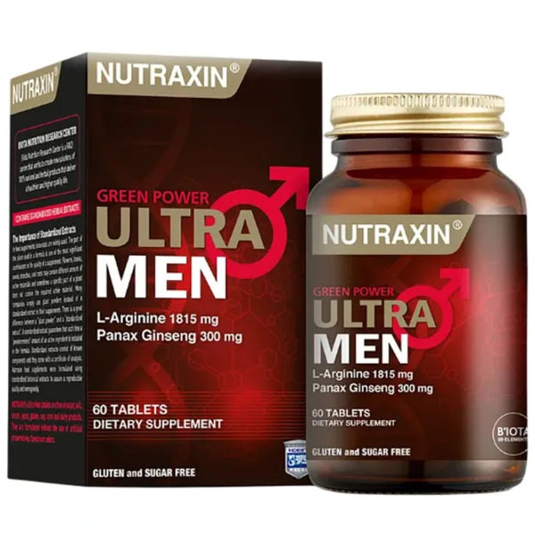 تركيبة الرجال كومبلكس 867 ملغم (ل أرجينين + خلاصات حسك وزنجبيل وجنسنغ آسيوي وكرفس وقرفة وقرنفل ولحاء الصنوبر) 60 قرص (منتج تركي) NUTRAXIN Ultra Men (Best Before 01-02-2028)