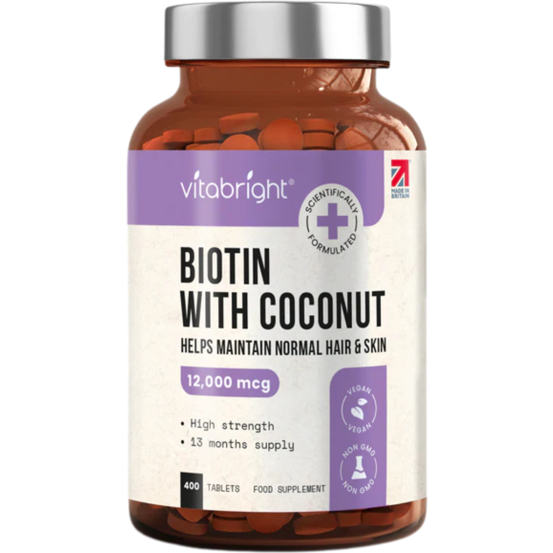 بيوتين بالقوة القصوى (فيتامين ب7) 12,000 مكجم بزيت جوز الهند 400 قرص VitaBright Biotin with Coconut (Best Before 01-12-2028)