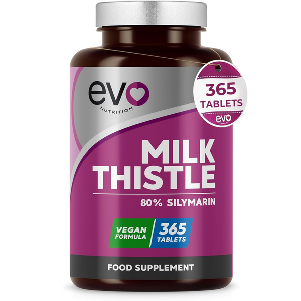 خلاصة حليب الشوك 100 ملغم, 80% سيليمارين يعادل 2000 ملغم 365 قرص EVO NUTRITION Milk Thistle 80% Silymarin (Best Before 01-06-2028)