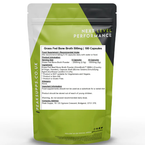 شوربة عظام الأبقار مركزة وعالية الامتصاص (متغذية على الأعشاب) 500 ملجم 180 كبسولة Peak Supps Grass fed Beef Bone Broth Omnibroth™ BBB+ (Best Before 31-10-2025)