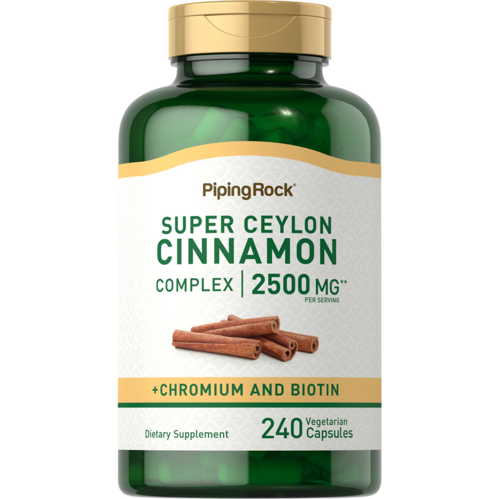 خلاصة قرفة سيلانية تعادل 1250 ملجم مع الكروميوم 400 مكجم وبيوتين 500 مكجم 240 كبسولة PipingRock Super Ceylon Cinnamon Complex with Chromium & Biotin (Best Before 01-01-2027)