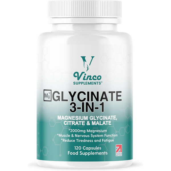 مغنيسيوم كومبلكس الأفضل 210 ملغم (جلايسينيت كليتد + ستريت + ماليت) 120 كبسولة Vinco Supplements Magnesium Glycinate 3-in-1 Complex as Glycinate, Citrate & Malate (Best Before 01-01-2026)