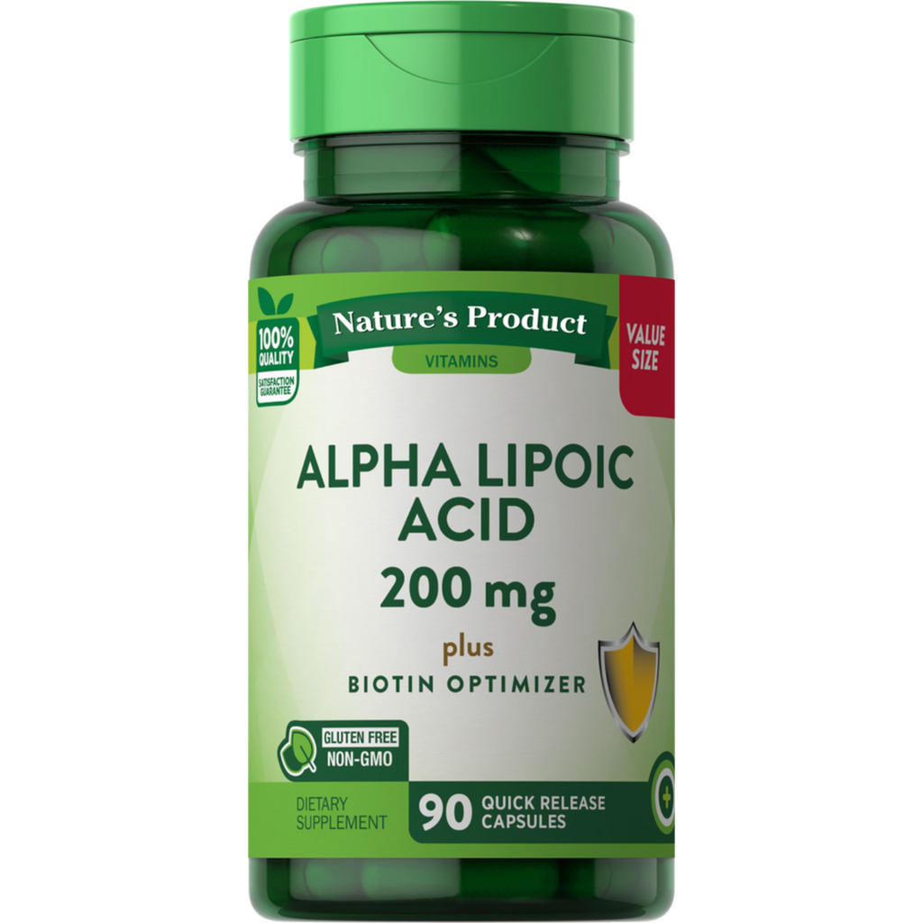 حمض الفا ليبويك 200 ملجم مع بيوتين 333 مكجم 90 كبسولة Nature's Product Alpha Lipoic Acid ( Thioctic acid ) + Biotin (Best Before 01-06-2026)