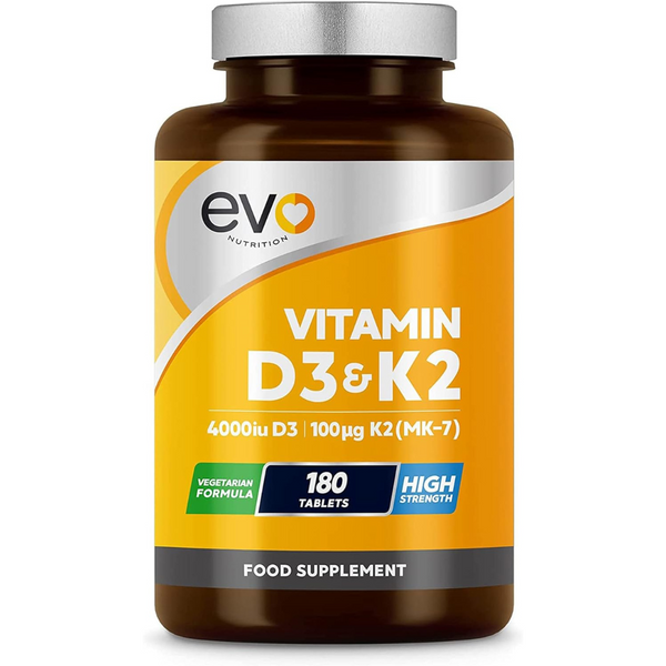 فيتامين د3 + ك2 4000 وحدة مع ك2 100 مكجم 180 قرص EVO NUTRITION Vitamin D3 & Vitamin K2 (MK7) (Best Before 01-06-2028)