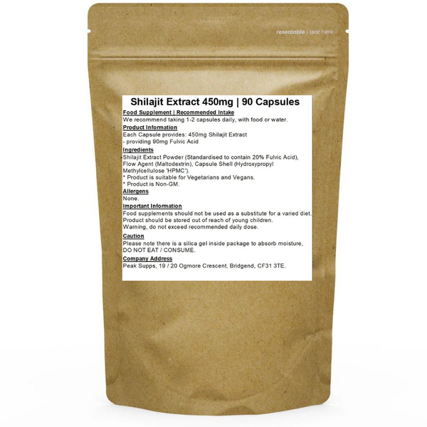 خلاصة شيلاجيت نقي 450 ملجم تحتوي على 90 ملغم فولفيك اسيد 90 كبسولة Peak supps Shilajit Extract (20% Fulvic Acid) (Best Before 28-02-2028)