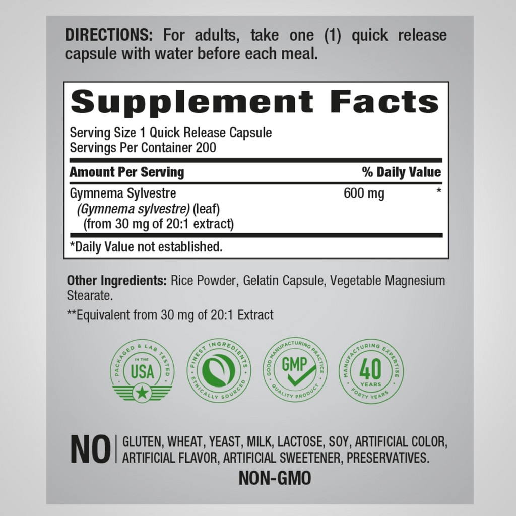 مستخلص جيمنيما سيلفستر يعادل 600 ملجم 200 كبسولة PipingRock Gymnema Sylvestre Non-GMO (Best Before 01-12-2027) مستخلص جيمنيما سيلفستر يعادل 600 ملجم 200 كبسولة PipingRock Gymnema Sylvestre Non-GMO (Best Before 01-12-2027)