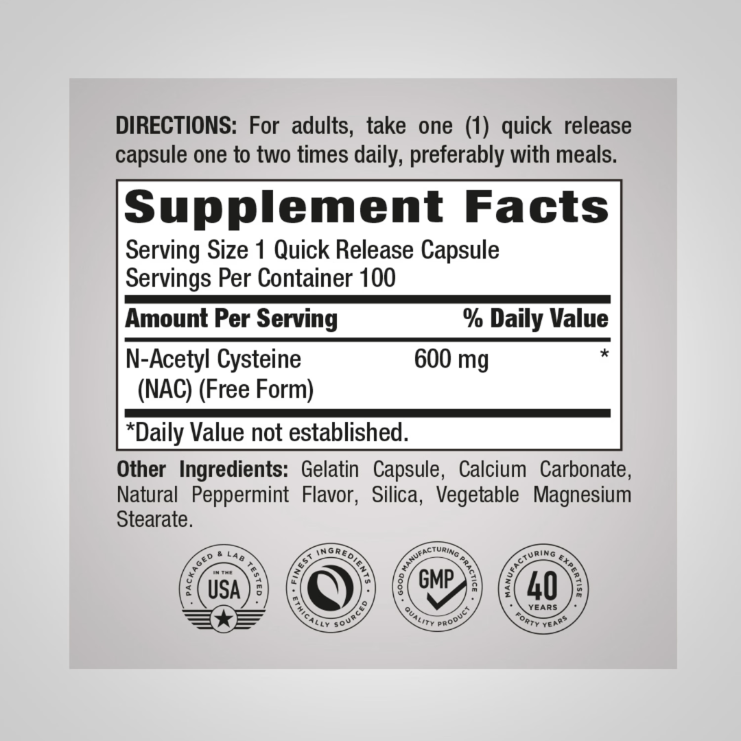 ن اسيتيل سيستين 600 ملغم 100 كبسولة PipingRock N-Acetyl Cysteine (NAC) Non-GMO (Best Before 01-12-2028)