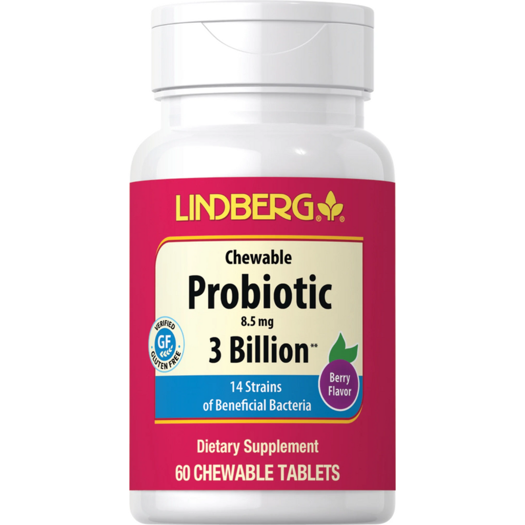 بروبيوتك (بكتيريا نافعة) 3 مليار وحدة 14 سلالة 60 حبة مضغ Lindberg Probiotic Chewable (Natural Berry) Non-GMO (Best Before 01-04-2026)