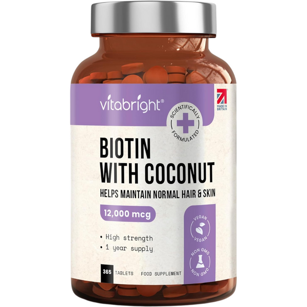 بيوتين بالقوة القصوى (فيتامين ب7) 12,000 مكجم بزيت جوز الهند 400 قرص VitaBright Biotin with Coconut (Best Before 01-06-2027)