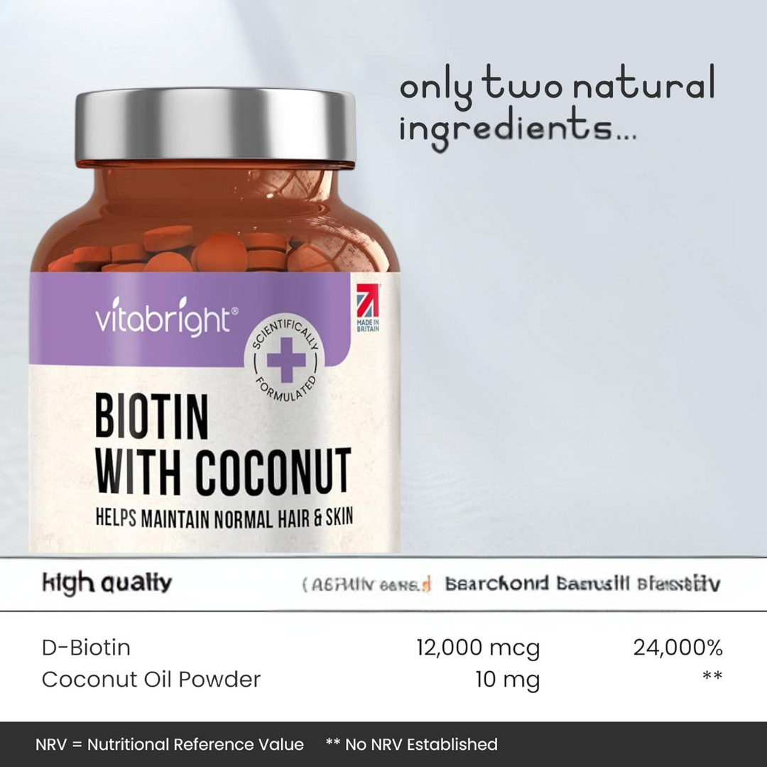 بيوتين بالقوة القصوى (فيتامين ب7) 12,000 مكجم بزيت جوز الهند 400 قرص VitaBright Biotin with Coconut (Best Before 01-12-2028)