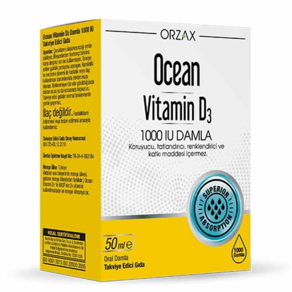 فيتامين د3 سائل 1000 وحدة كل قطرة بزيت الزيتون 50 مل ( 1000 قطرة) (منتج تركي) Orzax Ocean Vitamin D3 Drops Liquid High Strength & Absorption (Best Before 01-03-2025)