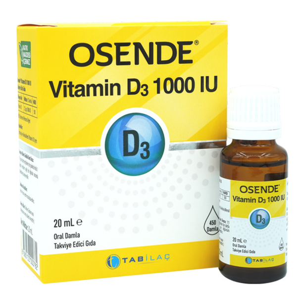 فيتامين د3 1000 وحدة لكل نقطة سائل بزيت الزيتون 20 مل يحتوي 450 قطرة (منتج تركي) Osende Vitamin D3 (Best Before 01-12-2025)