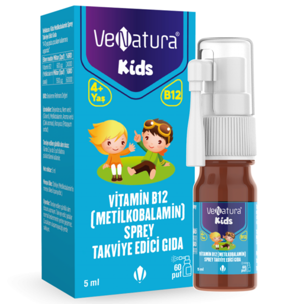 فيتامين ب12 طبيعي ميثيل للأطفال 300 ميكرو كل بخة، 60 بخة Venatura Kids B12 Methylcobalamin Sprey (Best Before 01-03-2027)