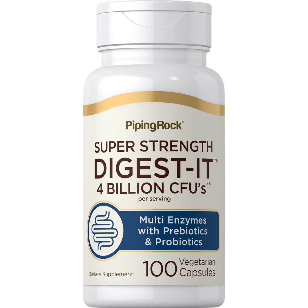 PipingRock Digest-IT Multi Digestive Enzymes Super Strength with Probiotics + Ox Bile Non-GMO 4 Billion CFU, 100 Capsules (Best Before 01-01-2028)