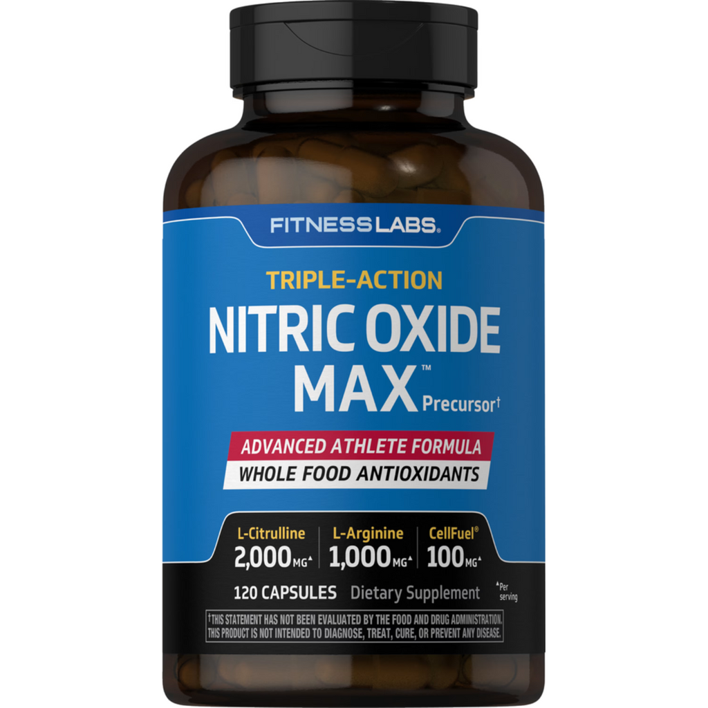 معزز أوكسيد النتريك الطبيعي الثلاثي 775 ملغم 21 عنصر 120 كبسولة Fitness Labs Nitric Oxide Max L-Arginine & L-Citrulline & CellFuel Non-GMO (Best Before 01-01-2027)