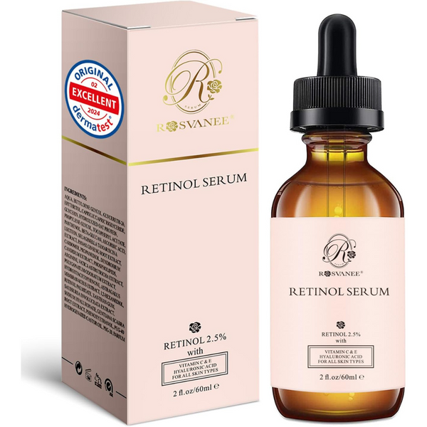 سيروم الريتينول المضاد للشيخوخة لإصلاح البشرة، والخطوط الدقيقة والتجاعيد مع فيتامين سي و إي وحمض الهيالورونيك 60 مل ROSVANEE Retinol Serum for Face High Strength with 2.5% Retinol, Hyaluronic Acid, Vitamin C & E (Best Before 01-03-2027)