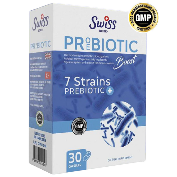 بروبيوتك (بكتيريا نافعة) 9 مليار 7 سلالات وبريبيوتك (غذاء البكتيريا النافعة) 450 ملجم 30 كبسولة (منتج تركي) SWISS Bork Probiotic and Prebiotics (Best Before 01-01-2026)