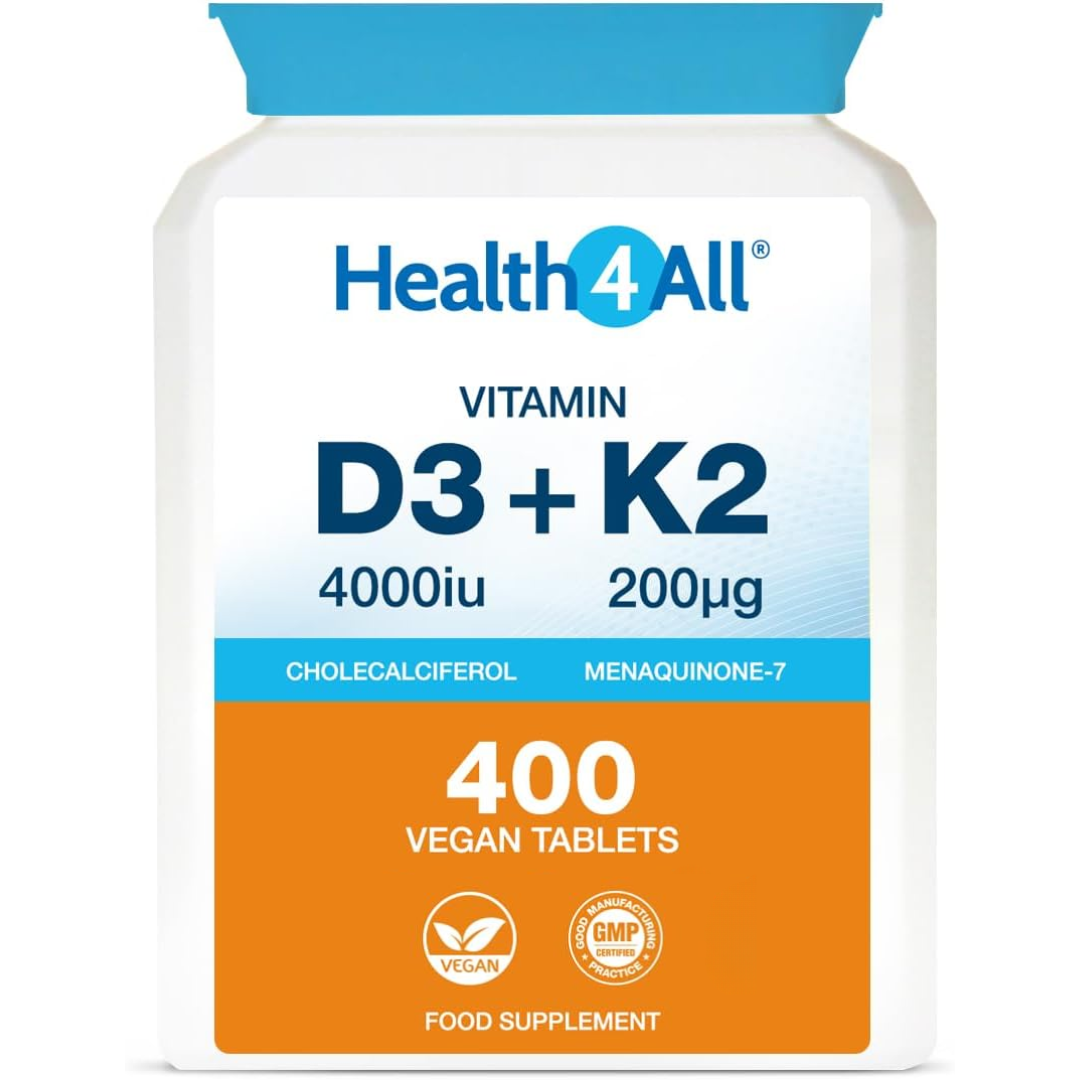 فيتامين د3 4000 وحدة مع ك2 200 مكجم 400 قرص Health4All Vitamin D3 & Vitamin K2 (Natural MK-7) (Best Before 01-11-2027)