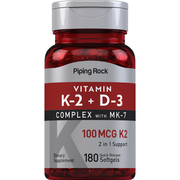 فيتامين د3 5000 وحدة + ك2 100 مكجم 180 حبة PipingRock Vitamin K-2 (MK7) Complex with D3 (Best Before 01-08-2027)