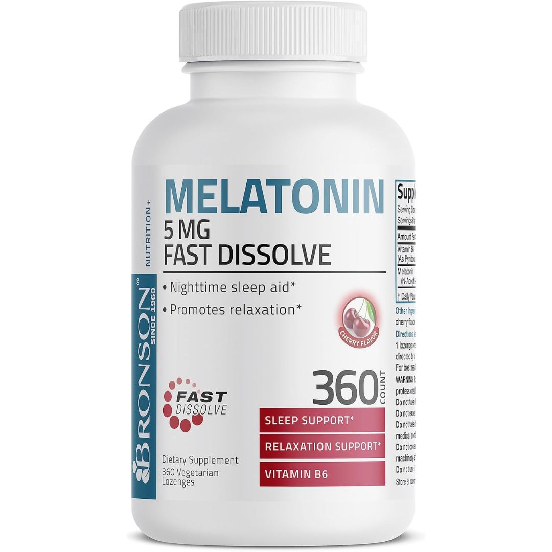 ميلاتونين 5 ملجم مع فيتامين ب6 لأفضل امتصاص بنكهة الكرز الأحمر 360 قرص تحت اللسان Bronson Melatonin Fast Dissolve - Cherry (Best Before 01-05-2027)