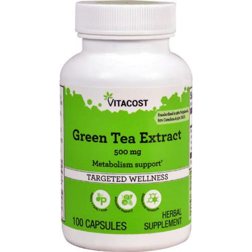 خلاصة شاي اخضر 500 ملجم 100 كبسولة Vitacost Green Tea Extract - Standardized, Polyphenols 490mg, Catechins 400mg, EGCG 250mg