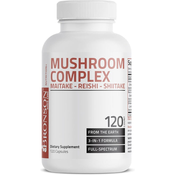 فطر كومبلكس - خلاصة مايتاكي + خلاصة ريشي + خلاصة شيتاكي يعادل 600 ملجم 120 كبسولة Bronson Triple Mushroom Complex - Maitake - Reishi - Shiitake (Best Before 01-09-2026)