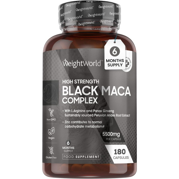خلاصة ماكا سوداء تعادل 3000 ملجم +صفراء تعادل 2000 ملغم +خلاصة جينسينغ تعادل 500 ملجم مع زيادة الامتصاص 180 كبسولة (منتج اوروبي) WeightWorld Black Maca Complex with Yellow Maca, Ginseng (Best Before 01-11-2027)