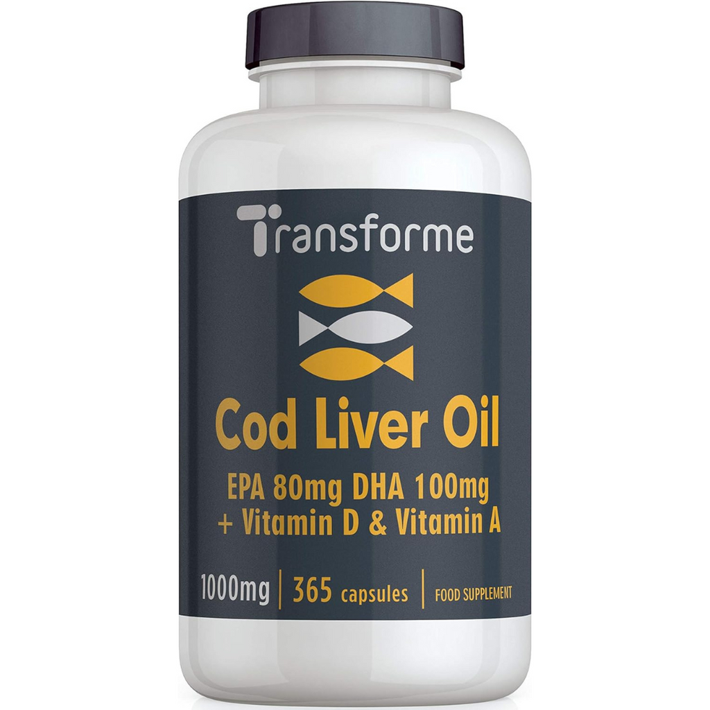 زيت كبد الحوت الفائق 1000 ملغم الغني بأحماض أوميغا 3 مع فيتامين أ و د3 365 كبسولة Transforme Cod Liver Oil With Omega 3 Fatty Acids EPA 80 & DHA 100 (Best Before 01-11-2026)