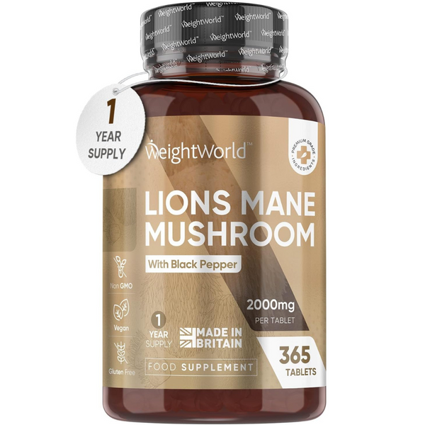 خلاصة فطر عرف الأسد 25:1 يعادل 2000 ملجم مع زيادة الامتصاص 365 قرص (منتج اوروبي) Weightworld Lions Mane Mushroom Extract with Black Pepper with 40 mg Polyphenols Non GMO (Best Before 01-12-2027)