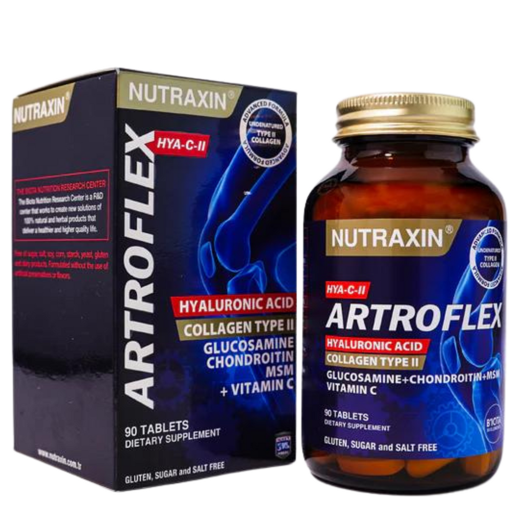 تركيبة ممتازة للمفاصل بالقوة المضاعفة 1243 ملغم 90 قرص (منتج تركي) NUTRAXIN ARTROFLEX HVA-C-IL Glucosamine + Chondroitin + MSM + Vitamin c + Collagen type 2 + Hyaluronic acid (Best Before 01-05-2027)