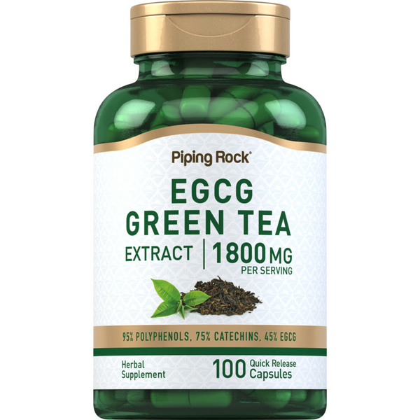 خلاصة شاي اخضر الأفضل بالقوة القصوى 600 ملجم 100 كبسولة PipingRock EGCG Green Tea Standardized Extract (Standardized to contain 95% Polyphenols, 75% Catechins, and 45% EGCG) (Best Before 01-02-2027)