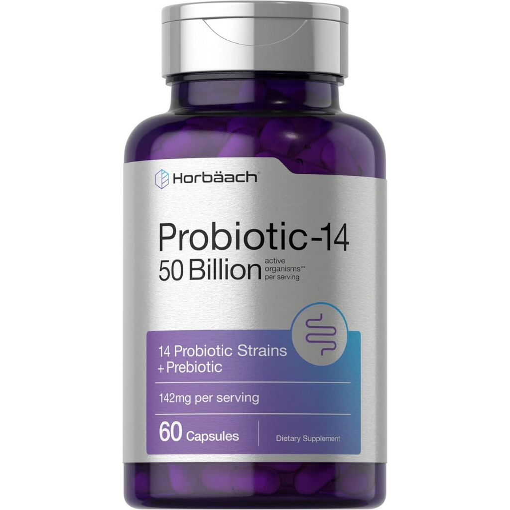 بروبيوتك (بكتيريا نافعة) 25 مليار وحدة 14 سلالة مع بريبيوتك (غذاء البكتيريا النافعة) 60 كبسولة Horbäach Probiotics with Prebiotics Non-GMO (Best Before 01-02-2025)