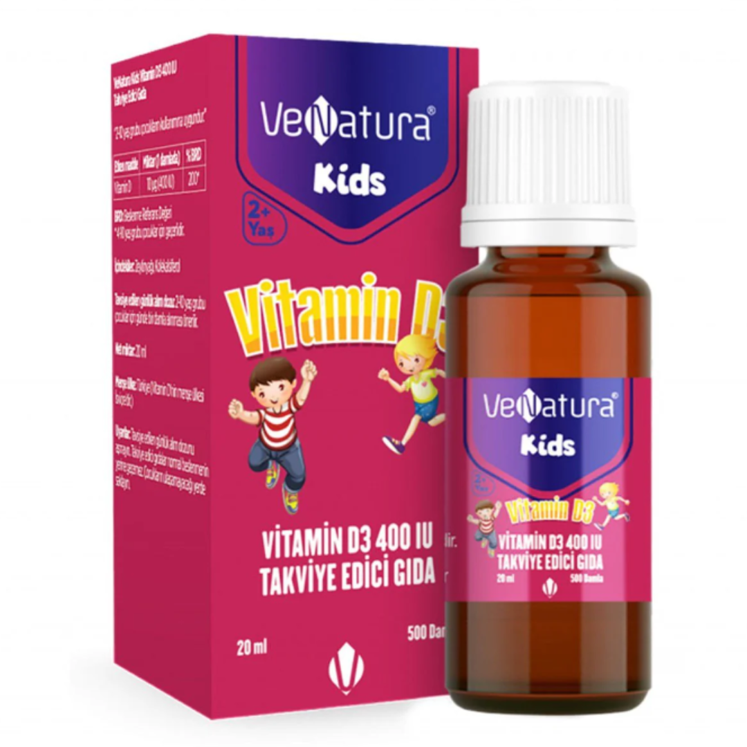 فيتامين د3 سائل للاطفال 400 وحدة بزيت الزيتون 20 مل يحتوي على 500 قطرة (منتج تركي) VeNatura Kids Vitamin d3 (Best Before 01-01-2029)