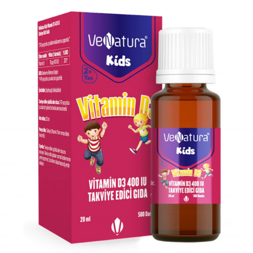 فيتامين د3 سائل للاطفال 400 وحدة بزيت الزيتون 20 مل يحتوي على 500 قطرة (منتج تركي) VeNatura Kids Vitamin d3 (Best Before 01-12-2024)