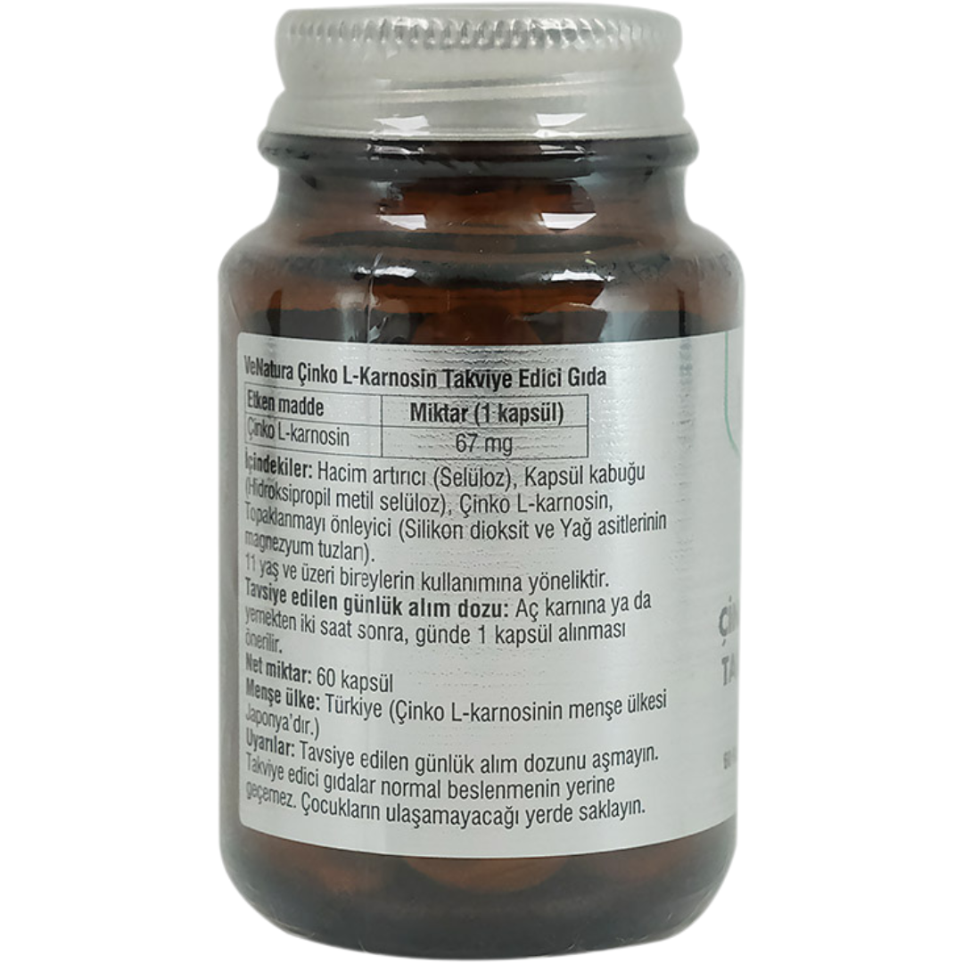 زنك كارنوزين تركيز مضاعف 67 ملجم 60 كبسولة (منتج تركي) Venatura Zinc L-Carnosine (Best Before 01-09-2027)