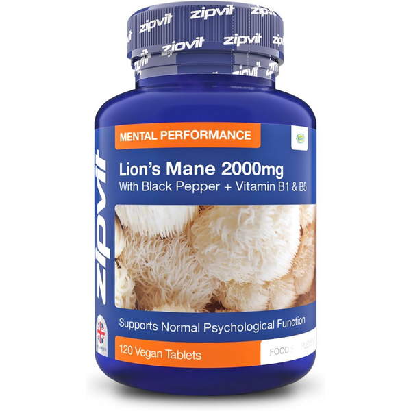 خلاصة فطر عرف الأسد 15:1 تعادل 2000 ملغم مع فيتامينات و3 عناصر لزيادة الامتصاص 120 قرص Zipvit Lions Mane Mushroom Extract with Black Pepper and Vitamins B1 & B5 (Best Before 01-03-2027)
