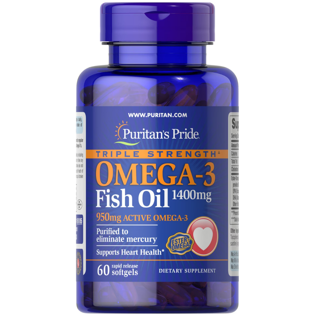 زيت السمك اوميجا 3 الأفضل درجة دوائية بالقوة الفائقة 1400 ملجم منها 950 ملغم أحماض دهنية 60 حبة Puritan's Pride Triple Strength Omega-3 Fish Oil EPA 504 & DHA 378 (Best Before 01-03-2026)