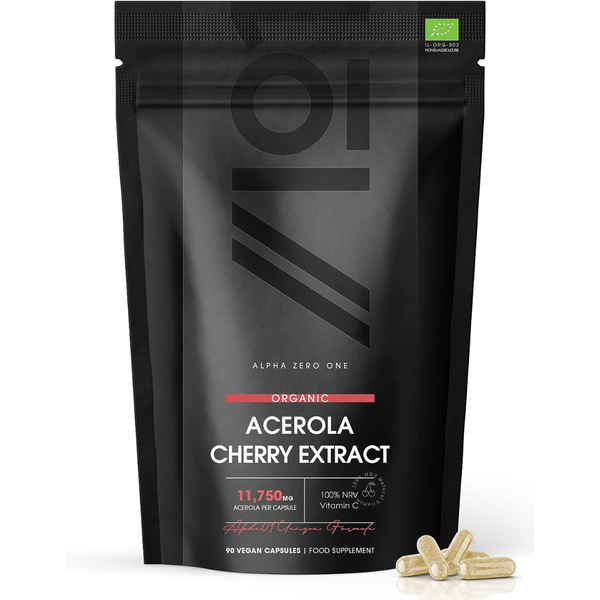 فيتامين سي طبيعي 100% 80 ملغم من خلاصة الكرز الهندي يعادل 11750 ملغم 90 كبسولة ALPHA01 Organic Acerola Cherry Extract 100% Natural Vitamin C (Best Before 01-09-2026)