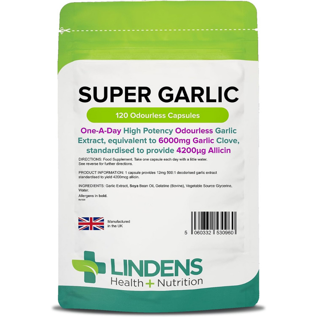 ثوم فائق القوة بدون رائحة 6000 ملغم (4200 ميكرو أليسين) 120 كبسولة Lindens Super Garlic Odourless Allicin Max High Strength (Best Before 01-03-2027)