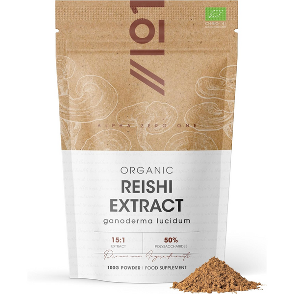 خلاصة فطر ريشي عضوي بالقوة القصوى 100 جرام ALPHA01 Organic Reishi Extract Powder High Strength 50% Polysaccharides (Best Before 09-07-2027)