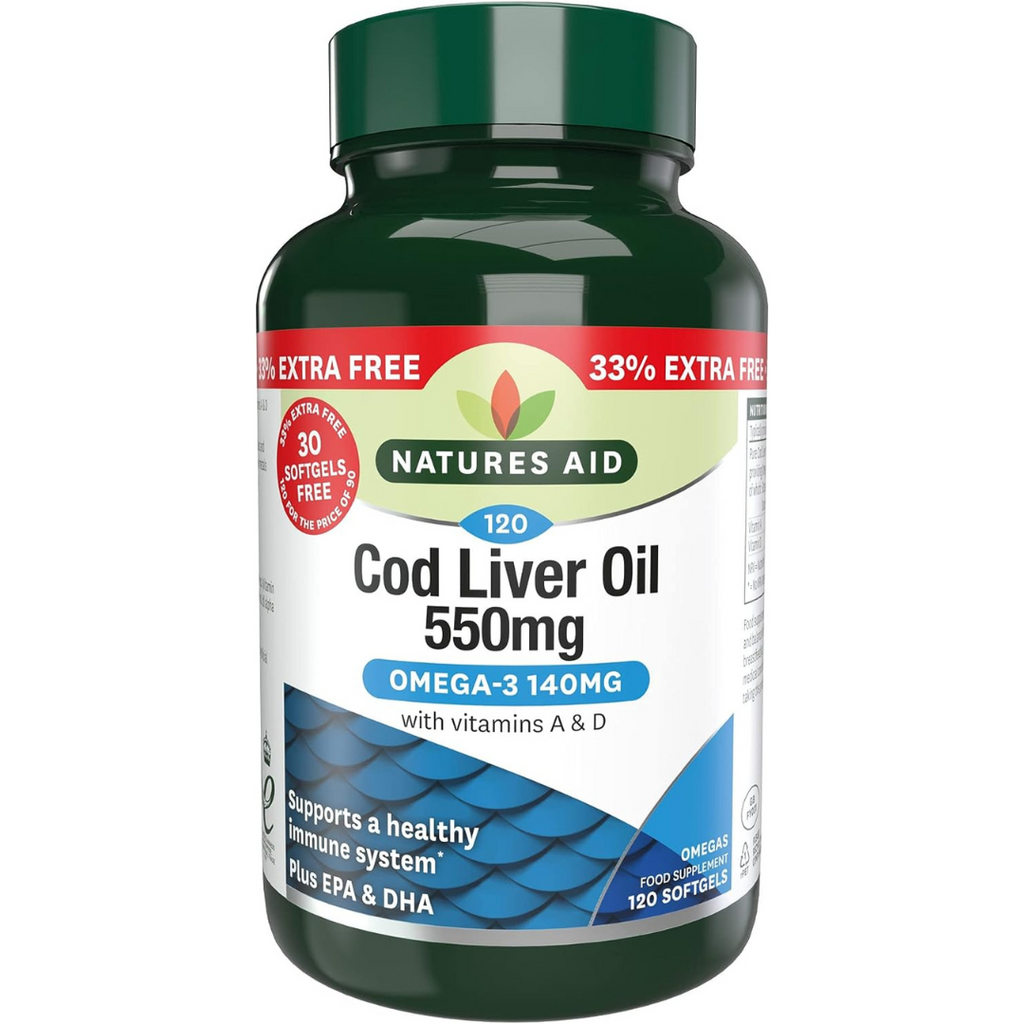 زيت كبد الحوت 550 ملغم مع فيتامين أ و د3 120 حبة Natures Aid Cod Liver Oil With Vitamin A & D EPA 39 & DHA 50 (Best Before 01-02-2025)