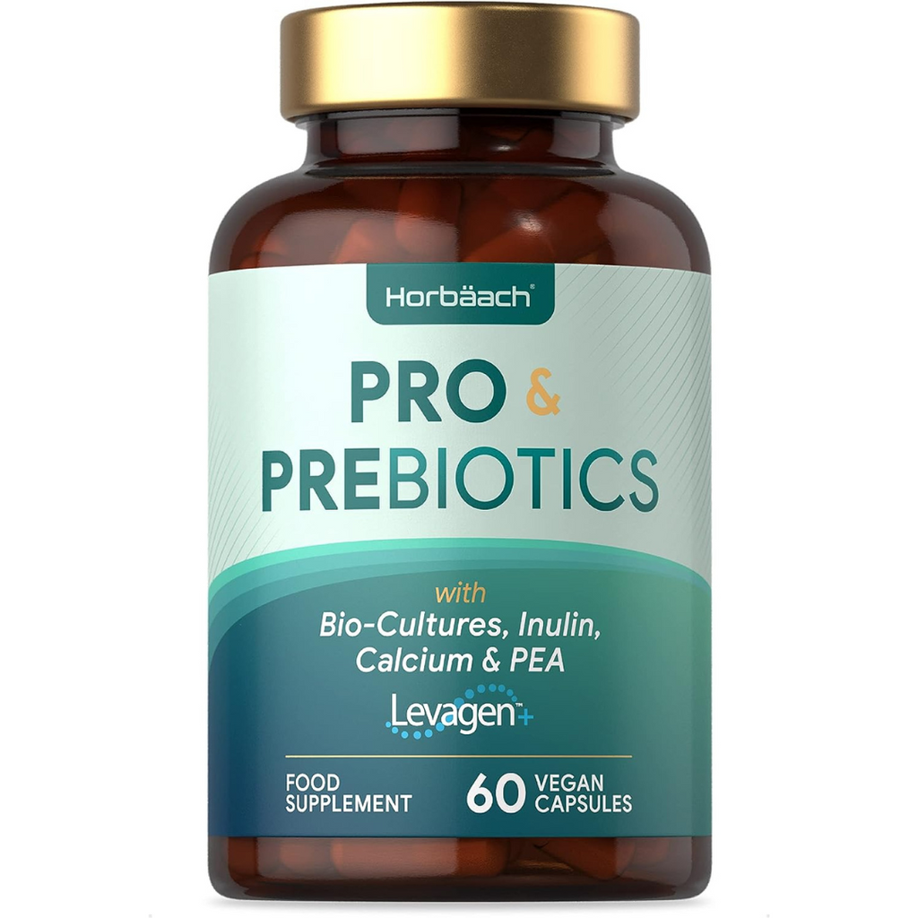 بريبيوتك (غذاء البكتيريا النافعة) مع 1 مليار بروبيوتك 60 كبسولة Horbäach Probiotics and Prebiotics for Adults Bio Culture Complex with Inulin & Palmitoylethanolamide Pea (Best Before 01-07-2024)