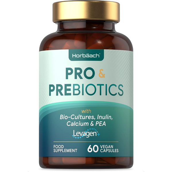بريبيوتك (غذاء البكتيريا النافعة) 350 ملغم مع 1 مليار بروبيوتك 60 كبسولة Horbäach Probiotics and Prebiotics for Adults Bio Culture Complex with Inulin & Palmitoylethanolamide Pea (Best Before 01-07-2024)