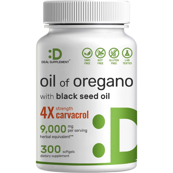 زيت الاوريجانو بالقوة المضاعفة 150 ملغم (82.5 ملغم كارفاكرول) بزيت الحبة السوداء 300 حبة DEAL SUPPLEMENT Oil of Oregano (82.5 mg Carvacrol) with Black Seed Oil Non-GMO (Best Before 01-08-2025)
